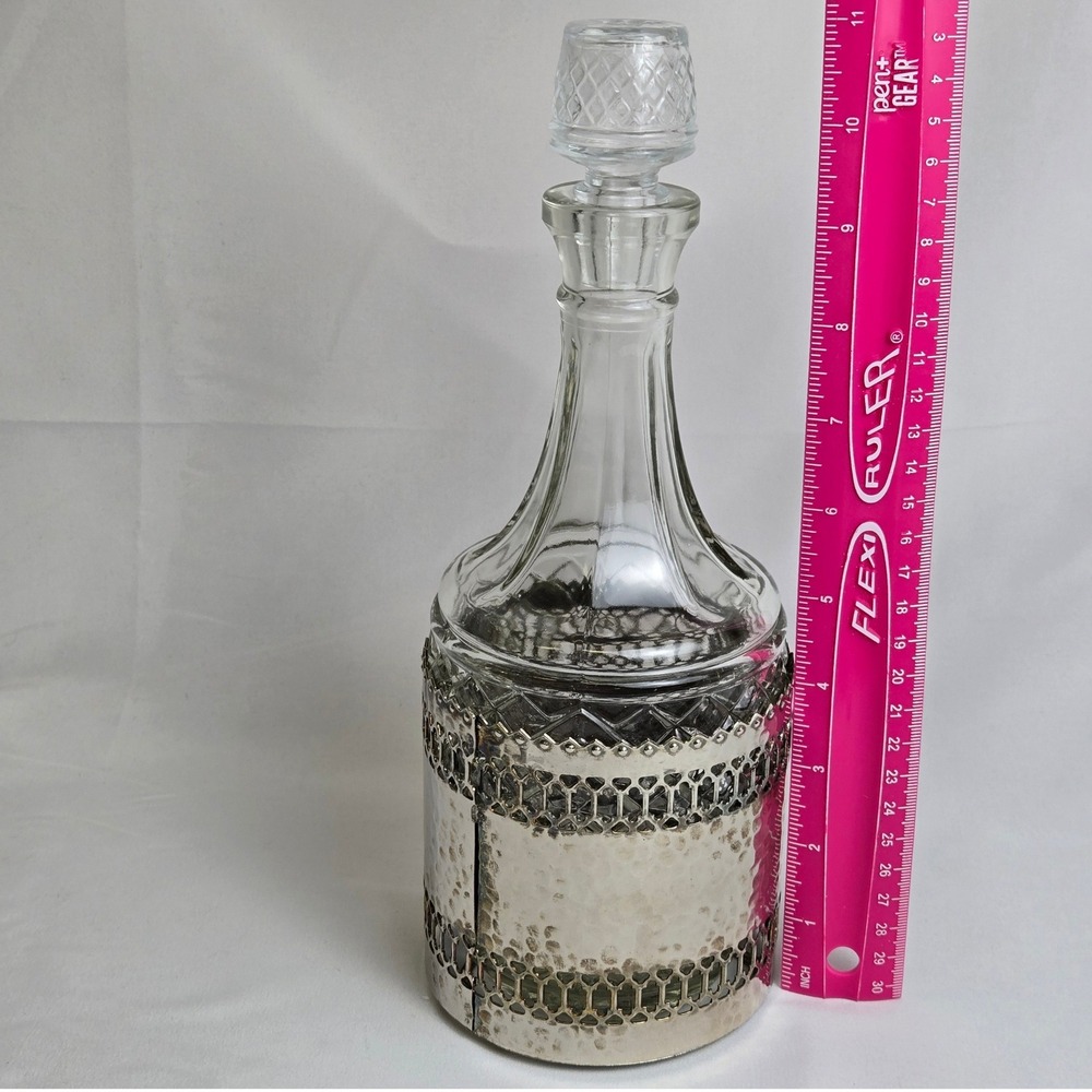 Glass Liquor Decanter, Decorative Silver Tone Hammered Metal Caddy 11" Vintage - Picture 7 of 16